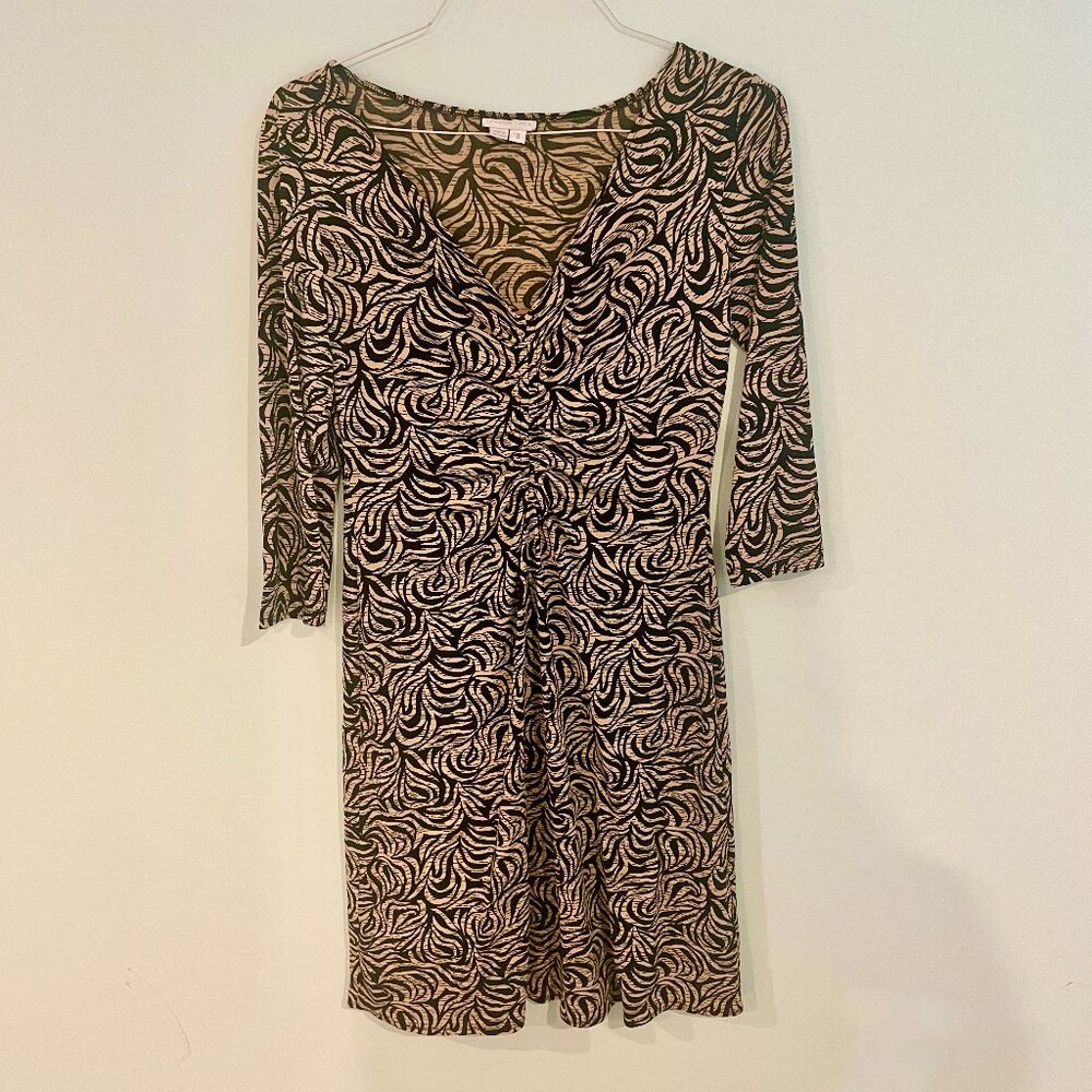 London Times Long Sleeve V-Neck Center Ruching Brown Zebra Print Dress - Size 8